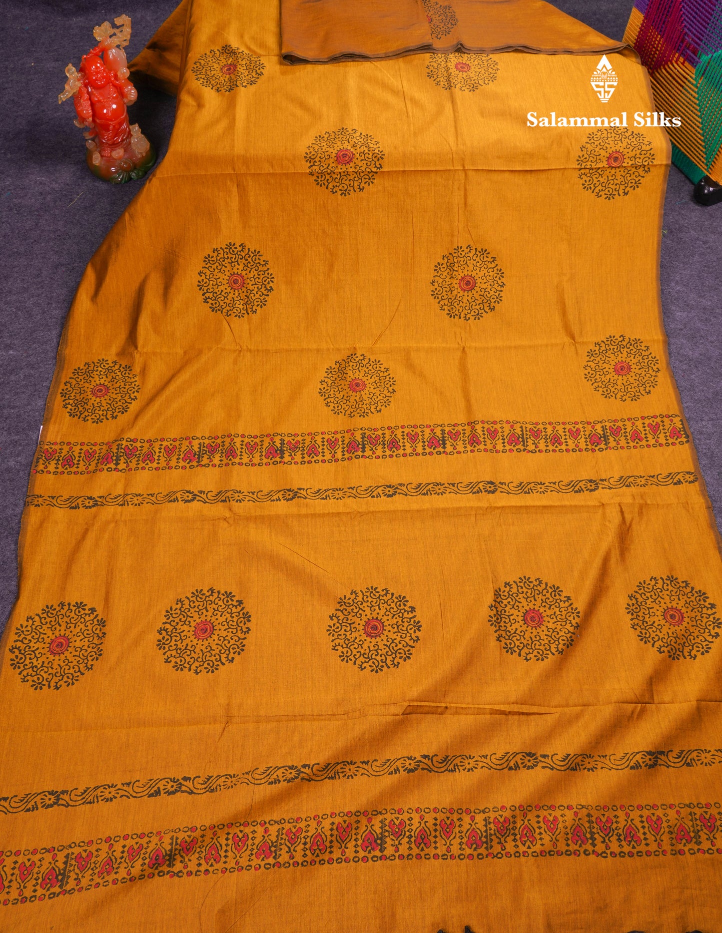 Beautiful Mustard Yellow South Cotton Printed Saree With Contrast Black Blouse