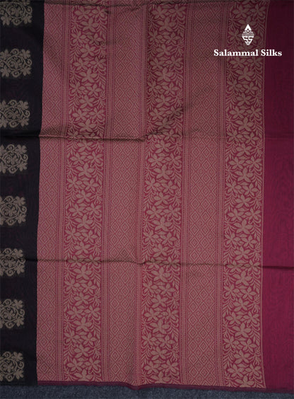 Beautiful Black Fancy Kora Cotton Saree With Contrast Magenta Pink Blouse