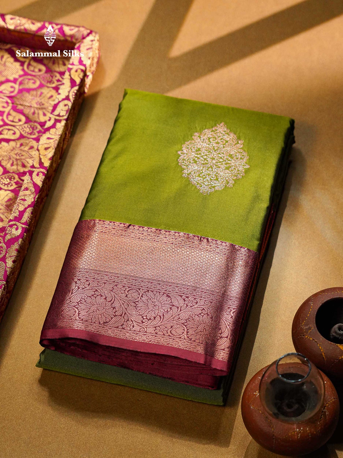 Beautiful Dark Olive Green Semi Silk Saree With Contrast Dual Tone Maroon Traditional Border