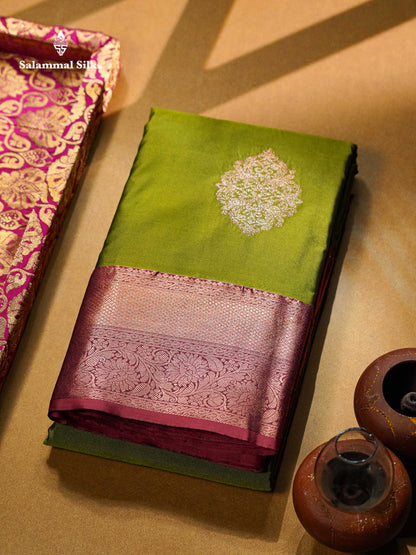 Beautiful Dark Olive Green Semi Silk Saree With Contrast Dual Tone Maroon Traditional Border