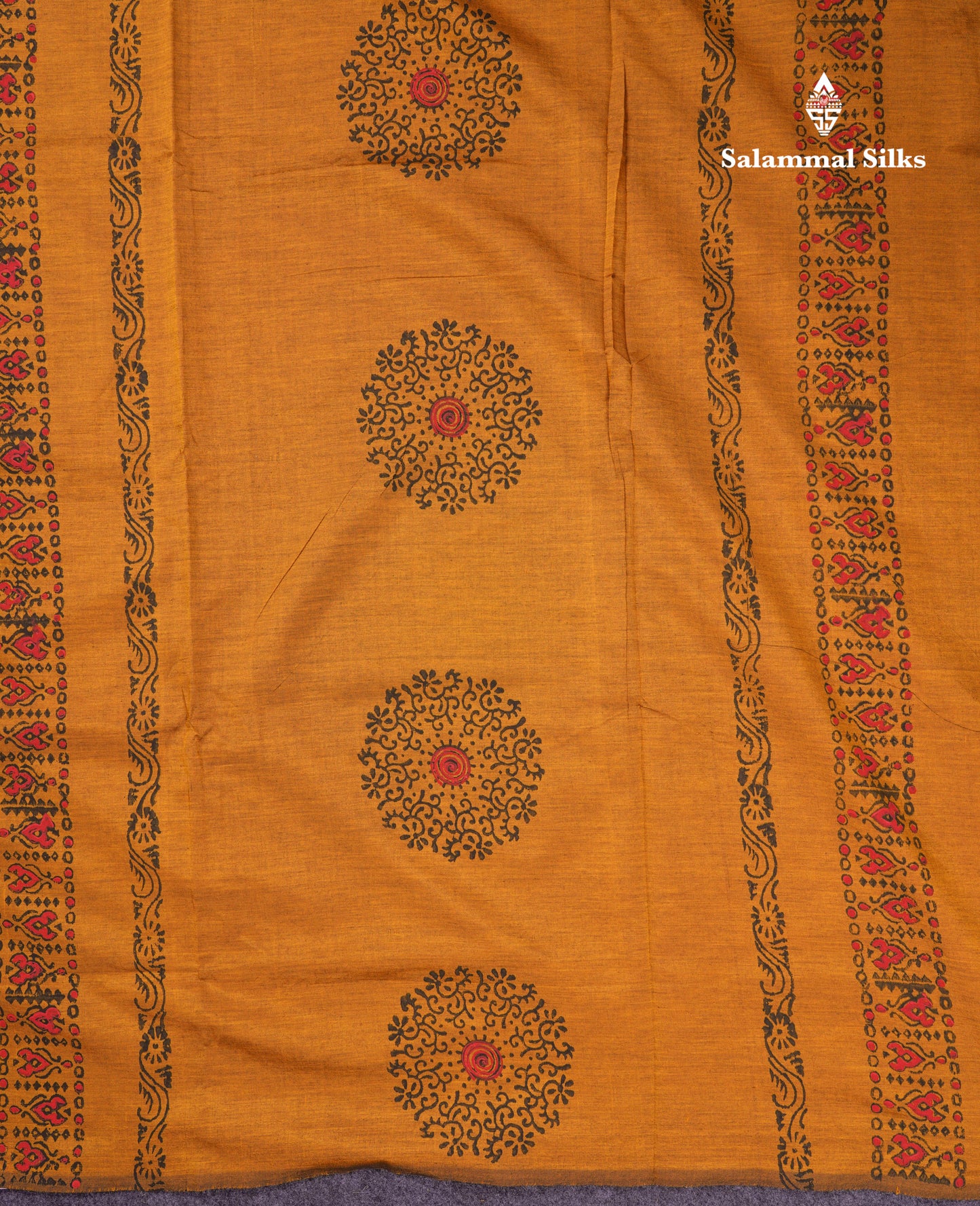 Beautiful Mustard Yellow South Cotton Printed Saree With Contrast Black Blouse