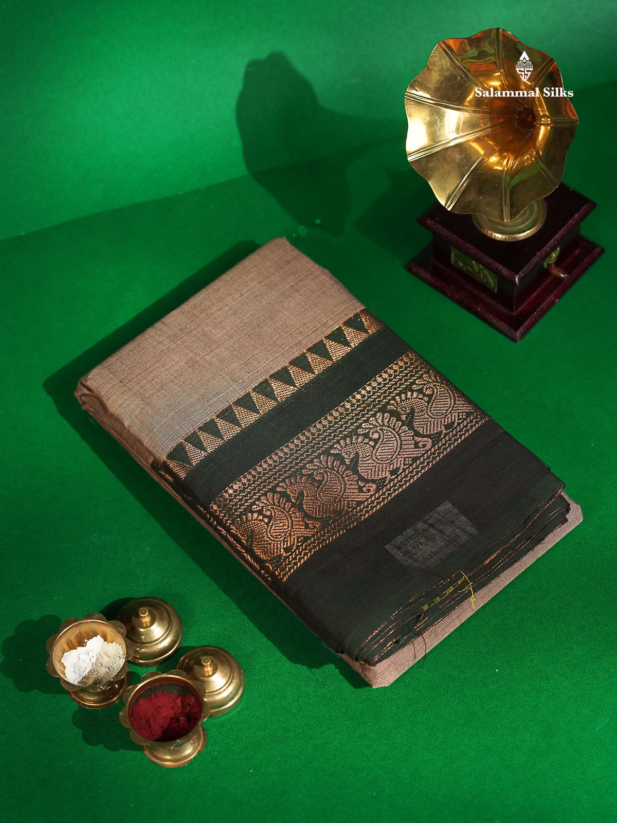 Chettinad Pure Cotton Saree - Light Brown Colour Body Plain With Dual Tone Bottle Green Border