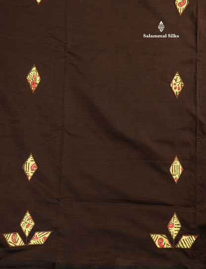 Dark Brown South Cotton Printed Saree With Contrast Parrot Green Blouse