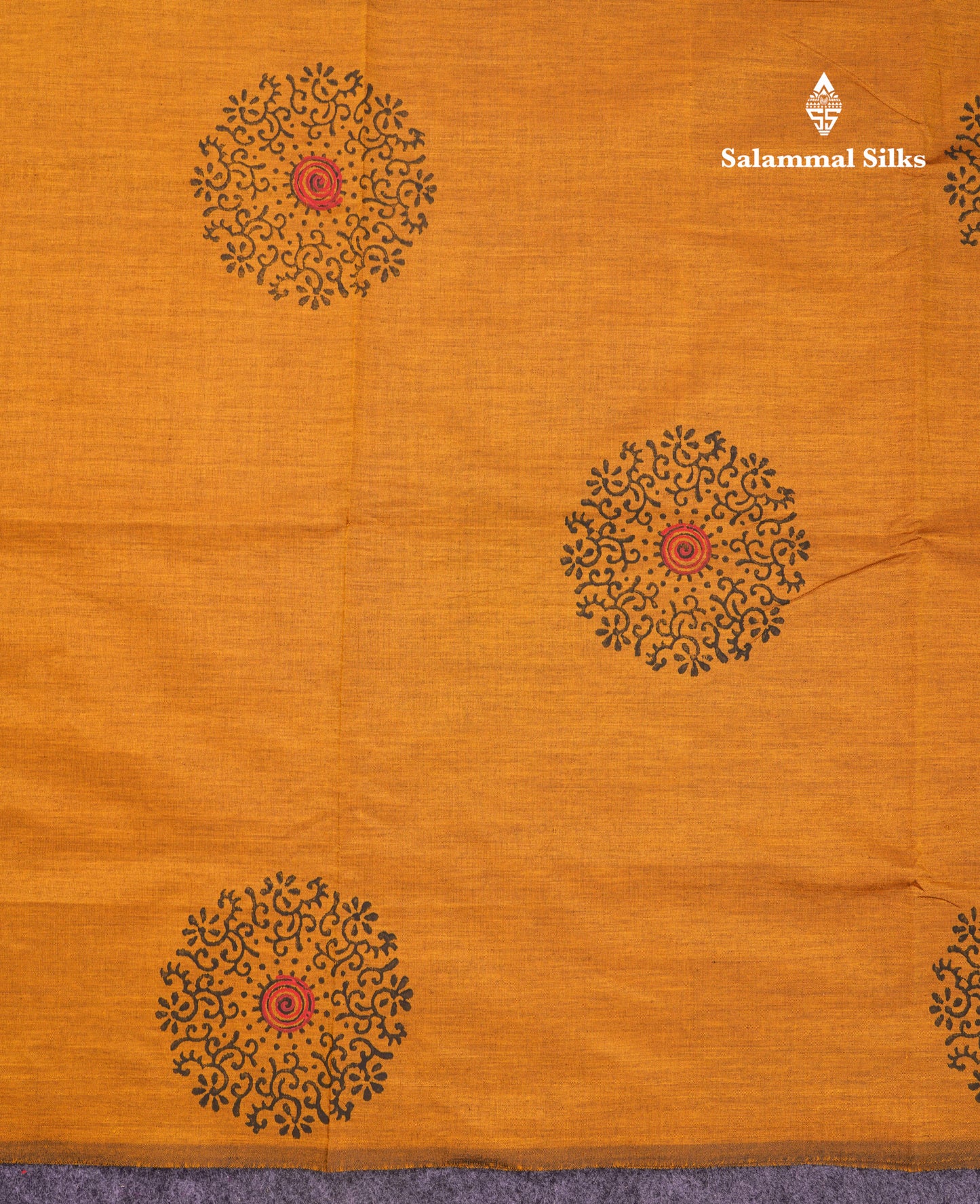 Beautiful Mustard Yellow South Cotton Printed Saree With Contrast Black Blouse