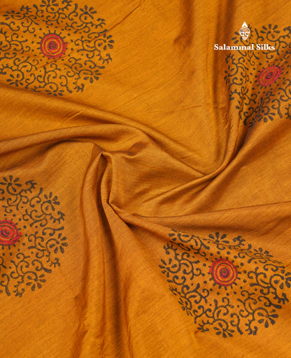 Beautiful Mustard Yellow South Cotton Printed Saree With Contrast Black Blouse