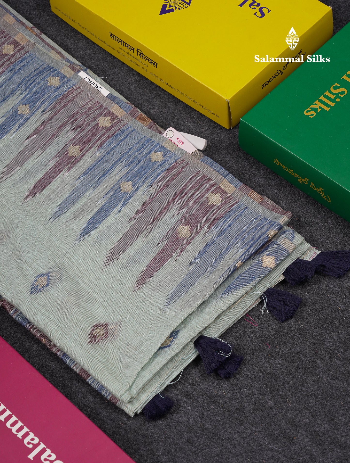 Beautiful Light Peach Menakari Work Muga Cotton Saree With Contrast Olive Green Blouse