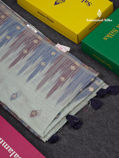 Beautiful Light Peach Menakari Work Muga Cotton Saree With Contrast Olive Green Blouse