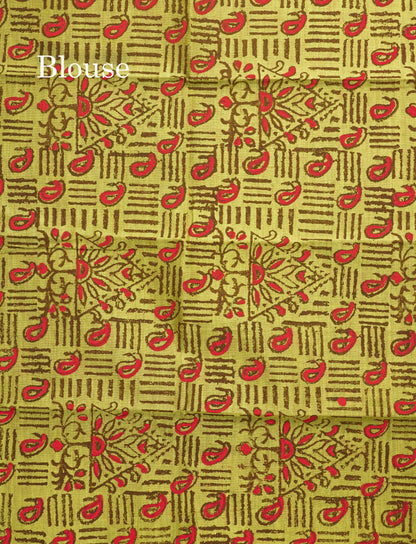 Dark Brown South Cotton Printed Saree With Contrast Parrot Green Blouse