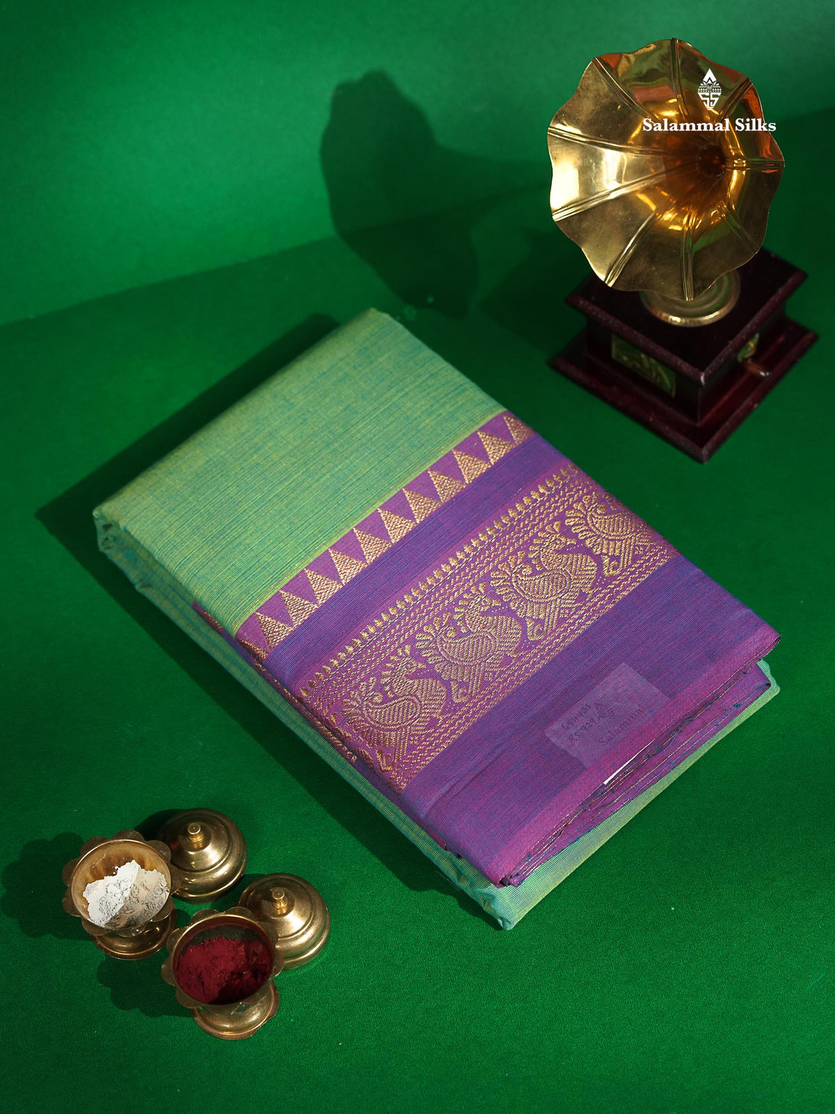 Chettinad Pure Cotton Saree - Sapphire Green Colour Body Plain With Purple Border