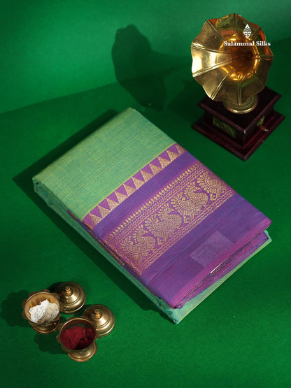 Chettinad Pure Cotton Saree - Sapphire Green Colour Body Plain With Purple Border