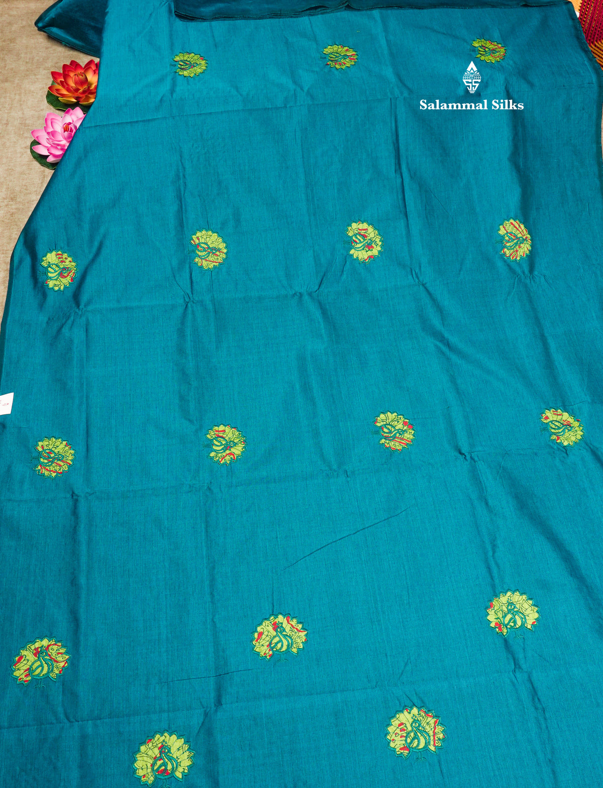 Peacock Blue South Cotton Printed Saree With Contrast Parrot Green Blouse