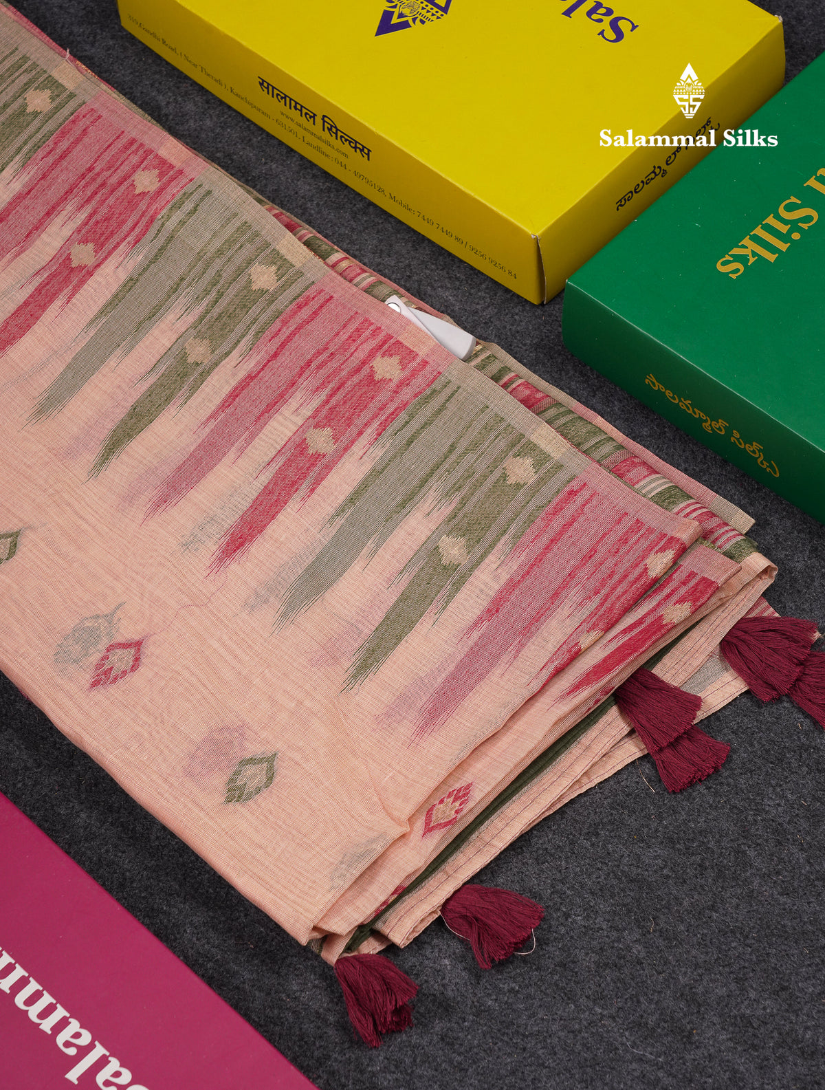 Beautiful Light Peach Menakari Work Muga Cotton Saree With Contrast Olive Green Blouse
