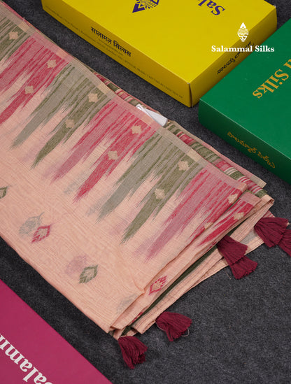 Beautiful Light Peach Menakari Work Muga Cotton Saree With Contrast Olive Green Blouse