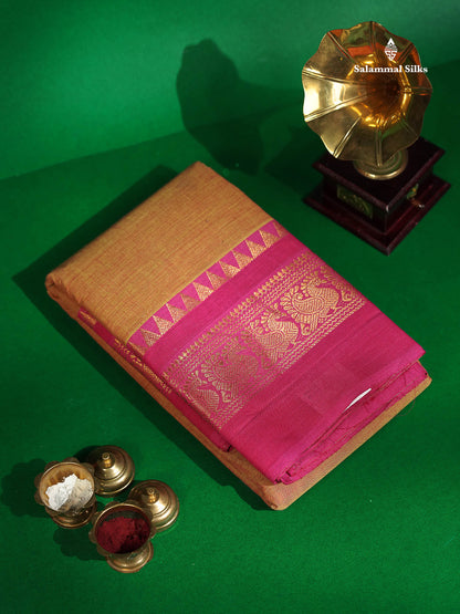 Chettinad Pure Cotton Saree - Light Rust Orange Colour Body Plain With Pink  Border