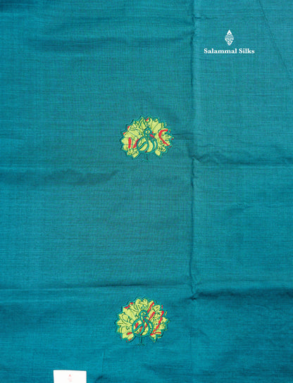 Peacock Blue Mixed Cotton Printed Saree With Contrast Parrot Green Blouse