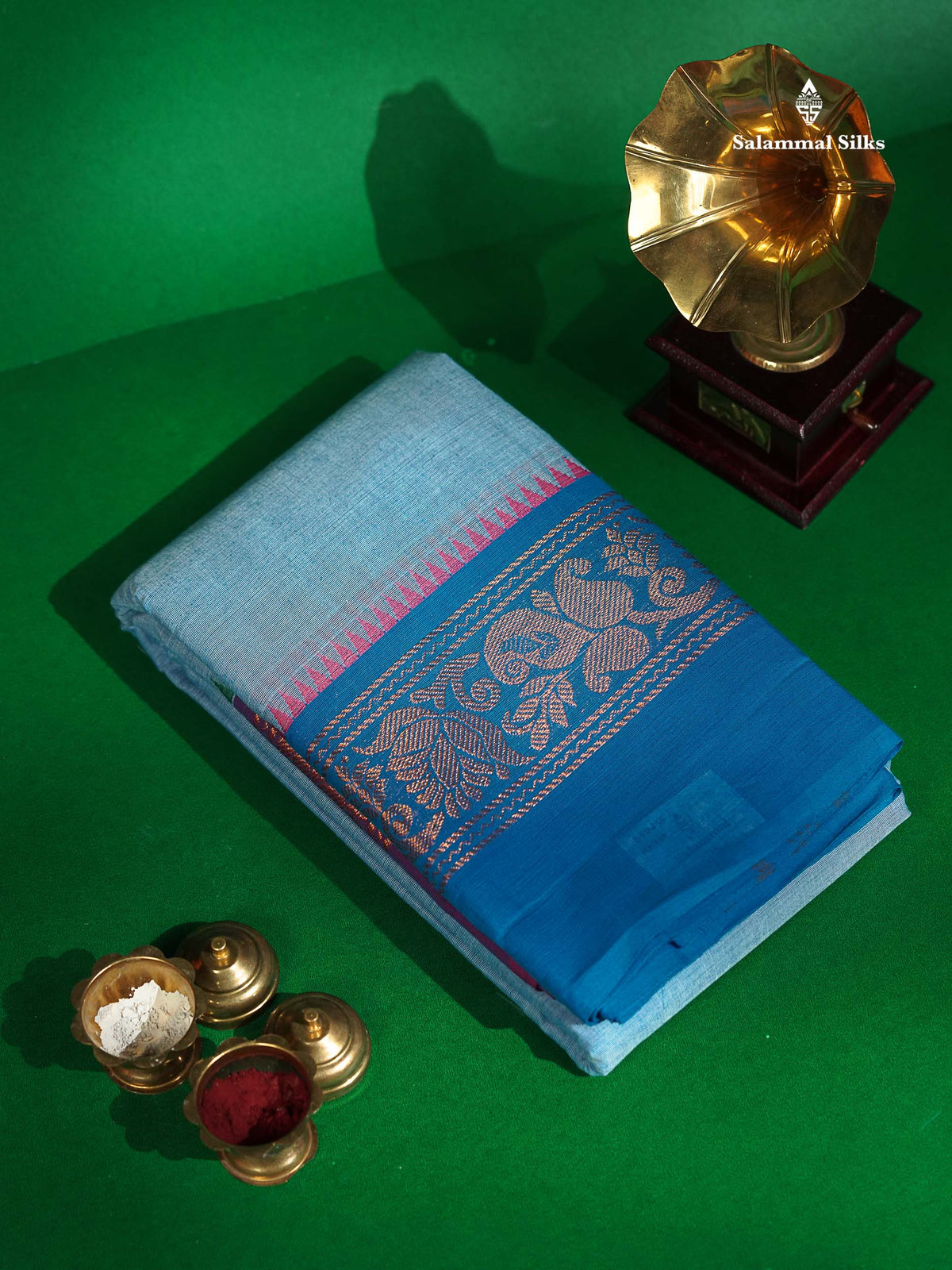 Chettinad Pure Cotton Saree - Pastel Blue Colour Body Plain With Ganga Jamuna Border