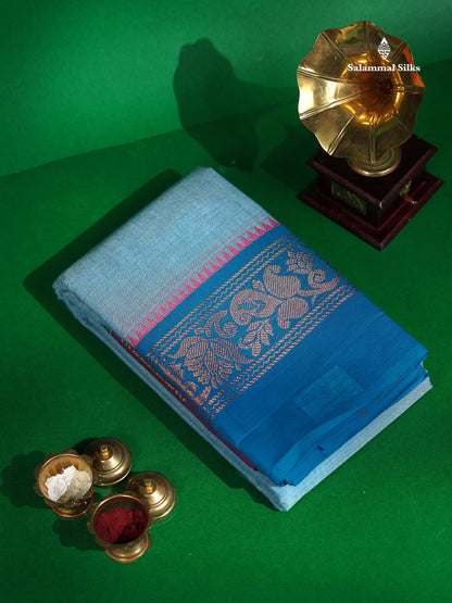 Chettinad Pure Cotton Saree - Pastel Blue Colour Body Plain With Ganga Jamuna Border