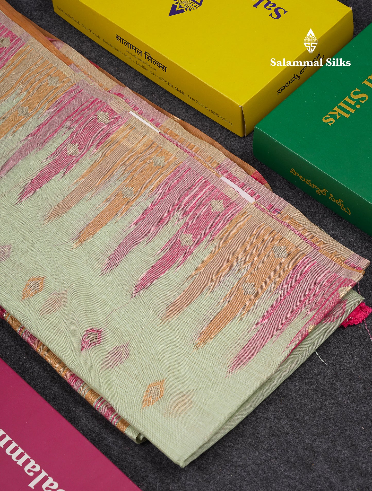 Beautiful Light Peach Menakari Work Muga Cotton Saree With Contrast Olive Green Blouse