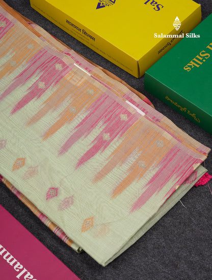Beautiful Light Peach Menakari Work Muga Cotton Saree With Contrast Olive Green Blouse