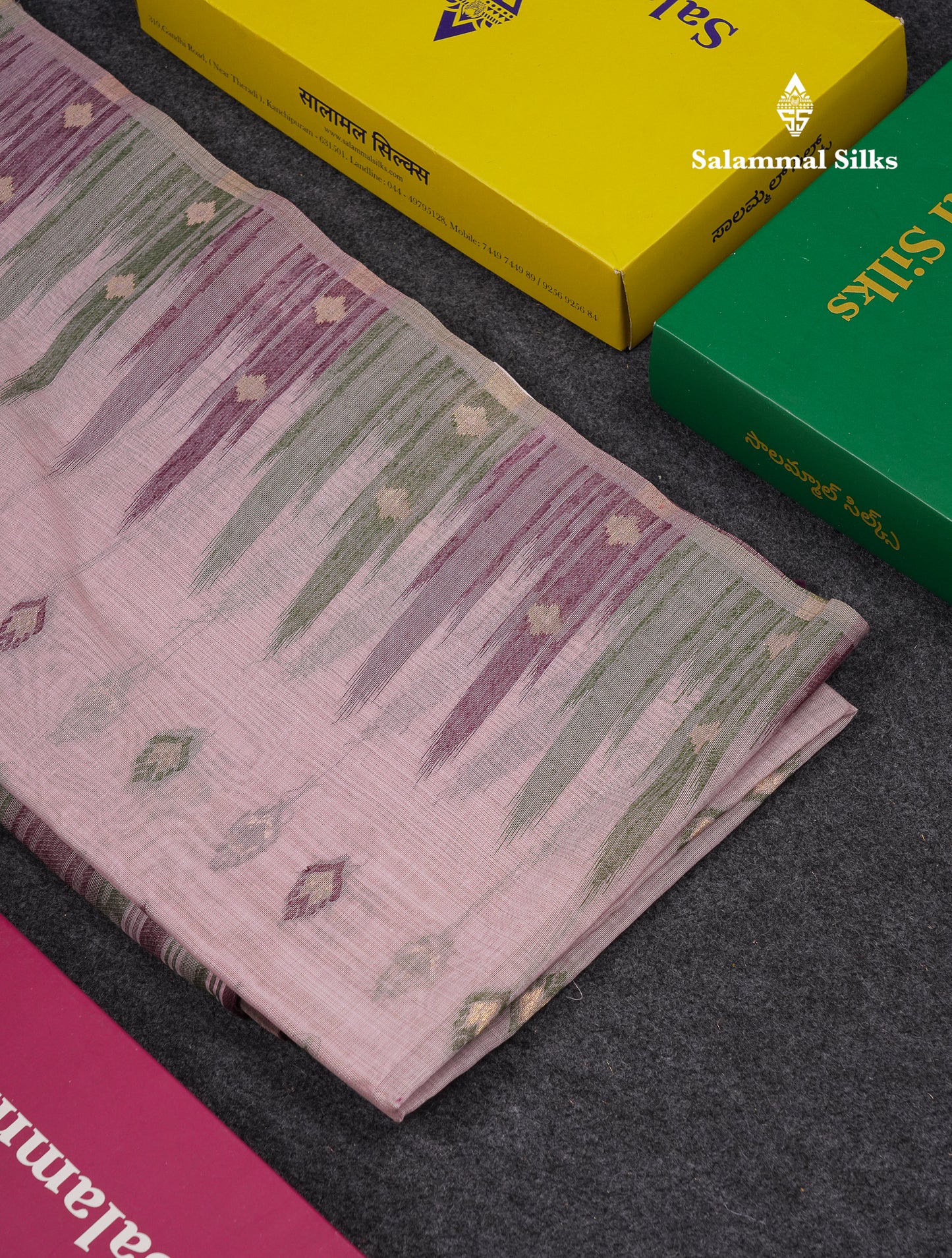 Beautiful Light Peach Menakari Work Muga Cotton Saree With Contrast Olive Green Blouse