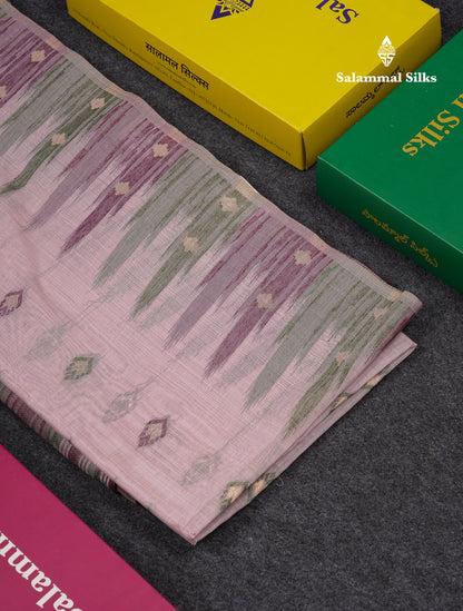 Beautiful Light Peach Menakari Work Muga Cotton Saree With Contrast Olive Green Blouse