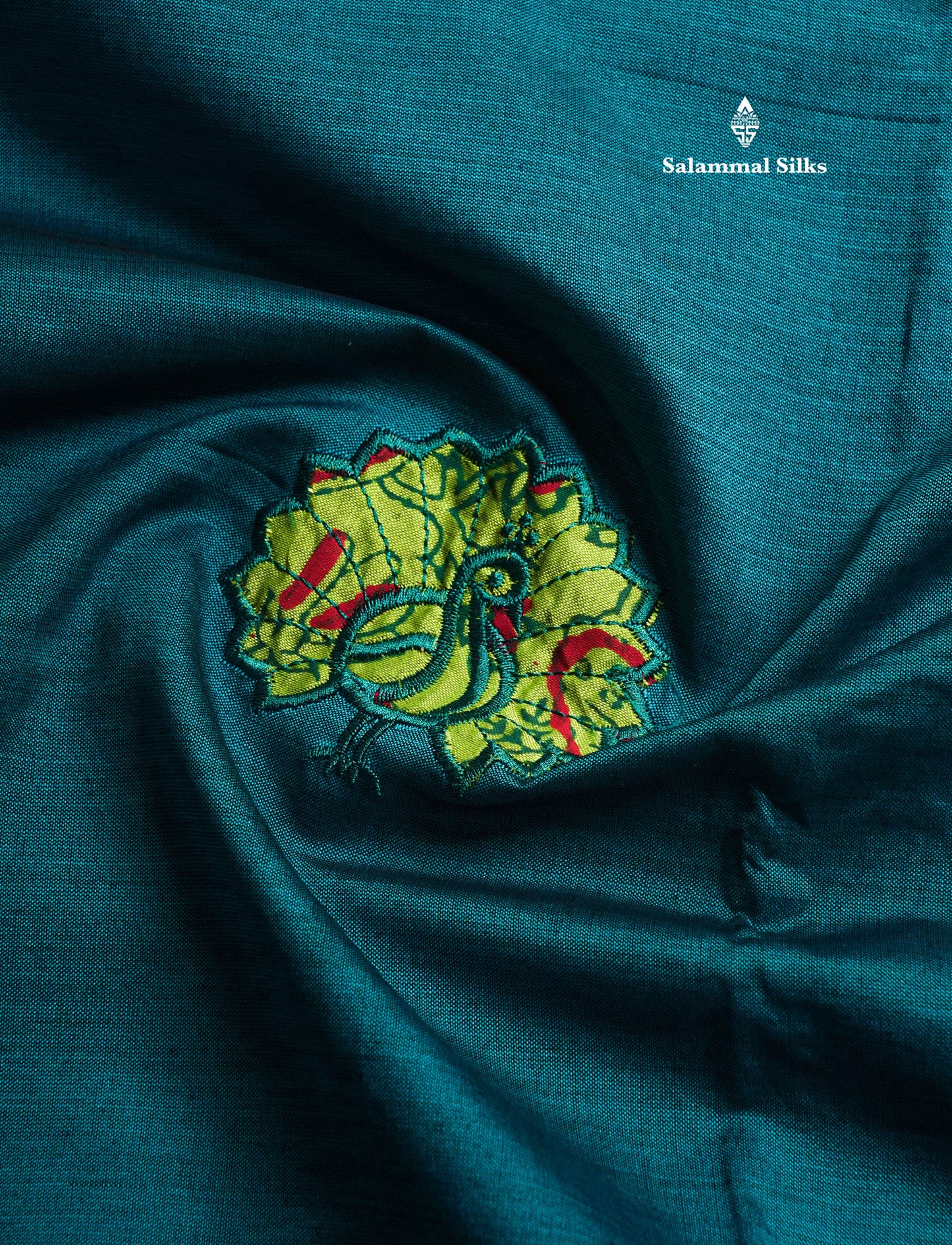 Peacock Blue Mixed Cotton Printed Saree With Contrast Parrot Green Blouse