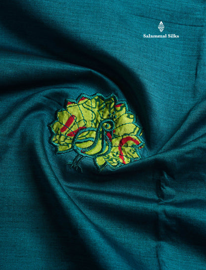 Peacock Blue Mixed Cotton Printed Saree With Contrast Parrot Green Blouse