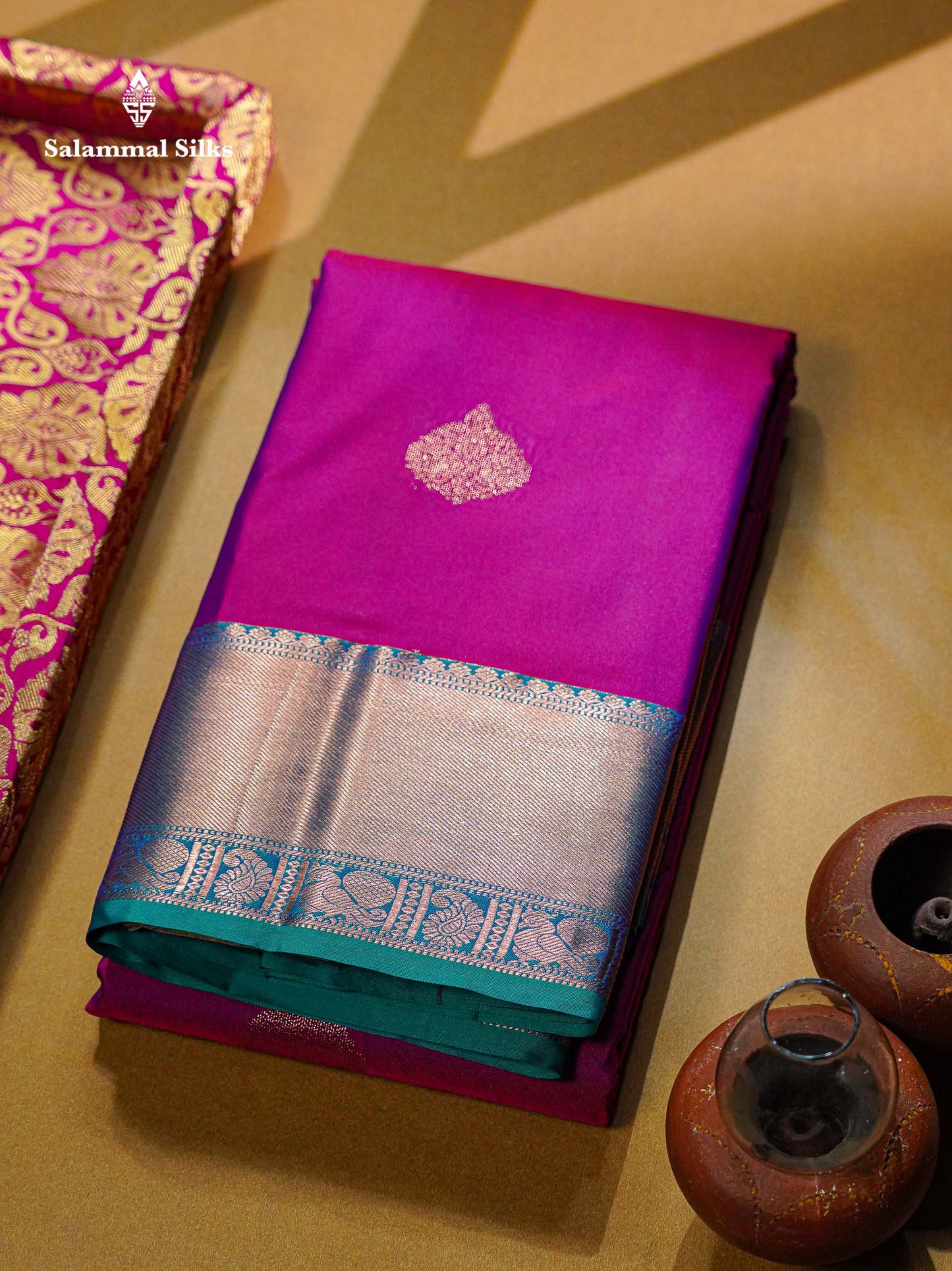 Beautiful Cream Sandal Zari Butta Semi Silk Saree With Contrast Sapphire Green Traditional Border