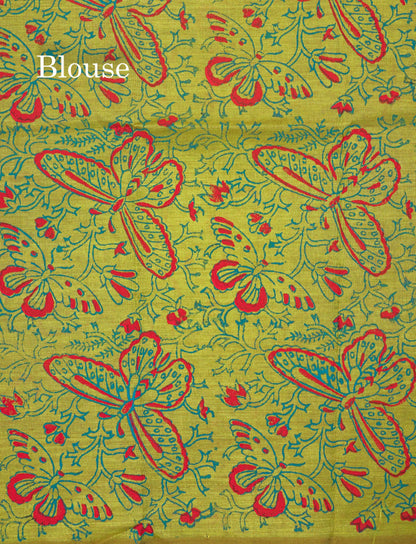 Peacock Blue Mixed Cotton Printed Saree With Contrast Parrot Green Blouse