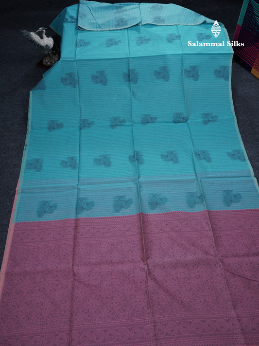 Sky Blue Beautiful Fancy Kora Cotton Saree With Contrast Baby Pink Blouse