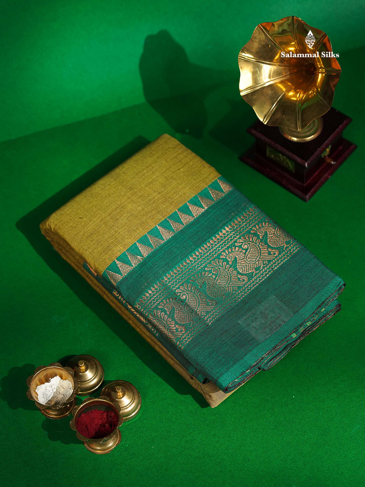 Chettinad Pure Cotton Saree - Mustard Gold Colour Body Plain With Sapphihre Green Border