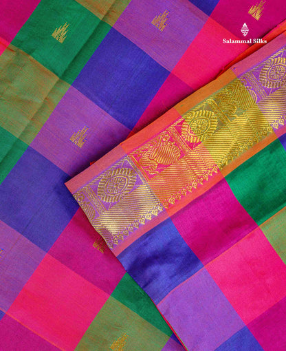 Semi Silk Cotton Saree - Paalum Pazham Checks Body With Traditional Border | 10 Yards