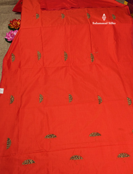 Orange Mixed Cotton Saree With Contrast Sandal Printed Blouse