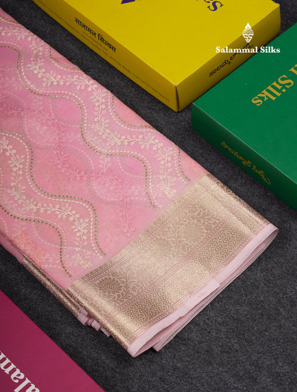 Beautiful Light Rexona Wave Pattern Thread Work Semi Organza Fancy Saree With Traditional Border
