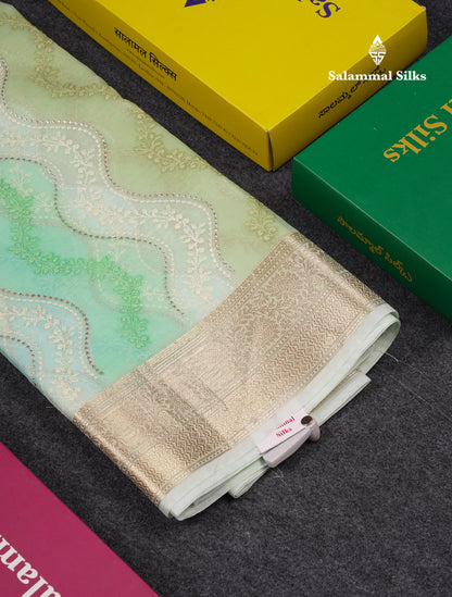 Beautiful Light Rexona Wave Pattern Thread Work Semi Organza Fancy Saree With Traditional Border