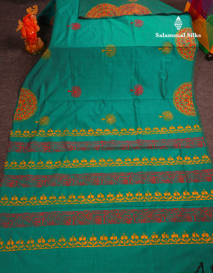 Beautiful Peacock Green South Cotton Printed Saree With Contrast Orange Blouse