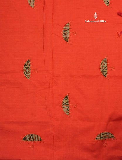 Orange Mixed Cotton Saree With Contrast Sandal Printed Blouse