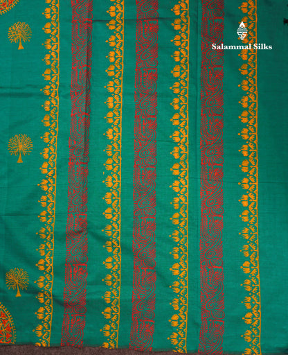 Beautiful Peacock Green South Cotton Printed Saree With Contrast Orange Blouse