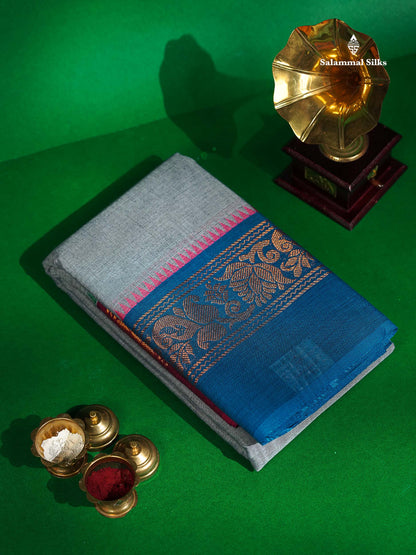 Chettinad Pure Cotton Saree - Pastel Blue Colour Body Plain With Ganga Jamuna Border