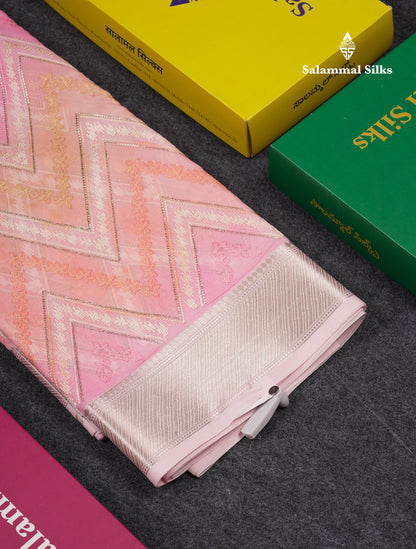Beautiful Light Pink Zig-Zag Thread Work Semi Organza Fancy Saree With Traditional Border