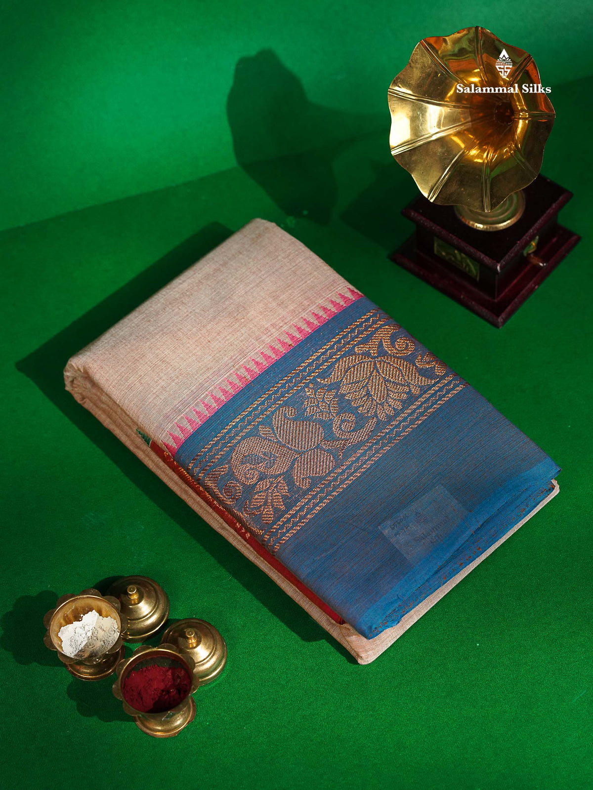 Chettinad Pure Cotton Saree - Pastel Blue Colour Body Plain With Ganga Jamuna Border