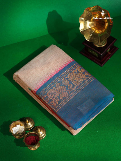Chettinad Pure Cotton Saree - Pastel Blue Colour Body Plain With Ganga Jamuna Border