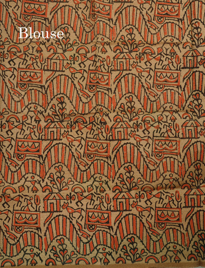 Orange Mixed Cotton Saree With Contrast Sandal Printed Blouse