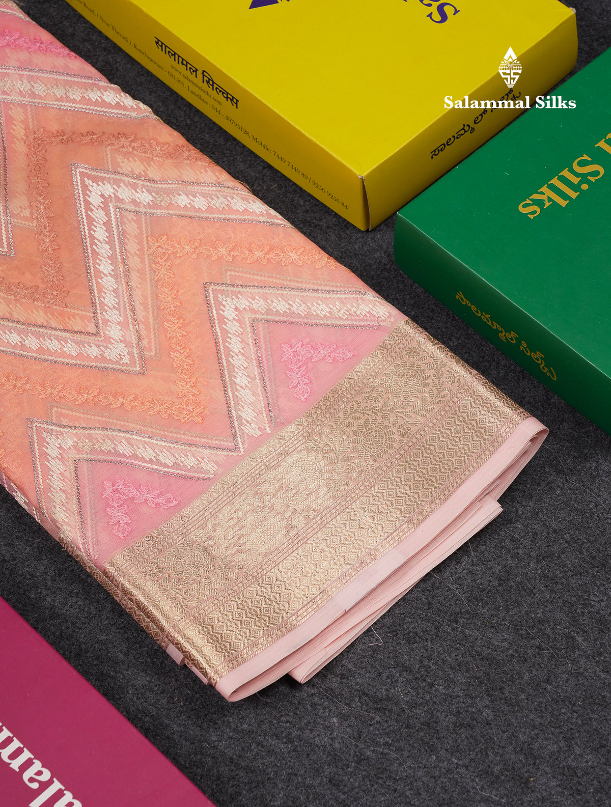 Beautiful Dark Peach Zig-Zag Thread Work Semi Organza Fancy Saree With Traditional Border