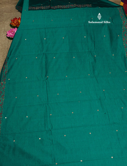 Peacock Green Mixed Cotton Small Mirror Saree With Contrast Sandal Printed Blouse