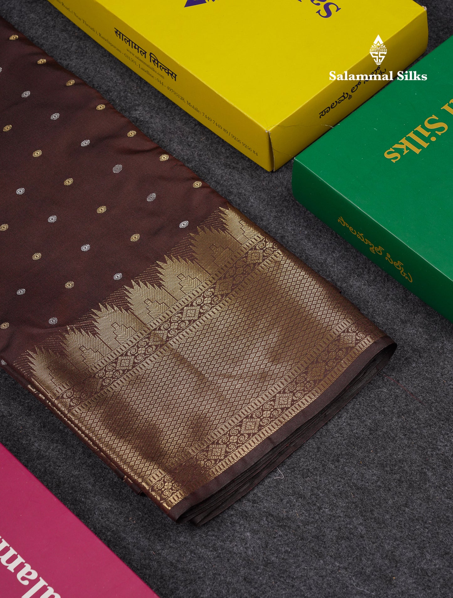 Beautiful Dark Magenta Silver & Gold Buttas Mixed Cotton Fancy Saree With Traditional Evening Morning Temple Border