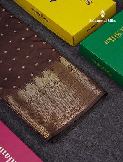 Beautiful Dark Magenta Silver & Gold Buttas Mixed Cotton Fancy Saree With Traditional Evening Morning Temple Border