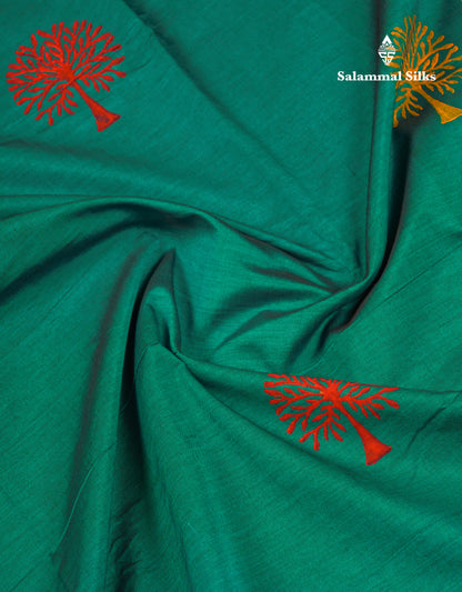 Beautiful Peacock Green South Cotton Printed Saree With Contrast Orange Blouse