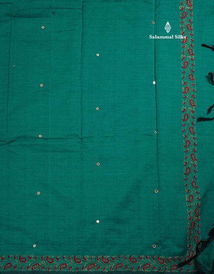 Peacock Green Mixed Cotton Small Mirror Saree With Contrast Sandal Printed Blouse
