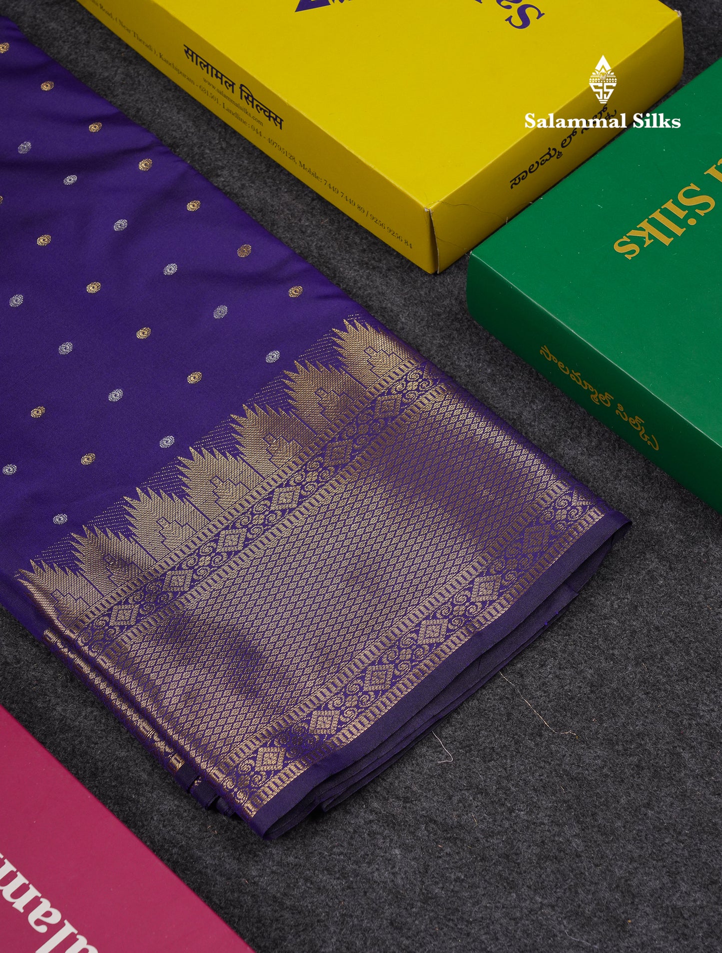 Beautiful Dark Magenta Silver & Gold Buttas Mixed Cotton Fancy Saree With Traditional Evening Morning Temple Border